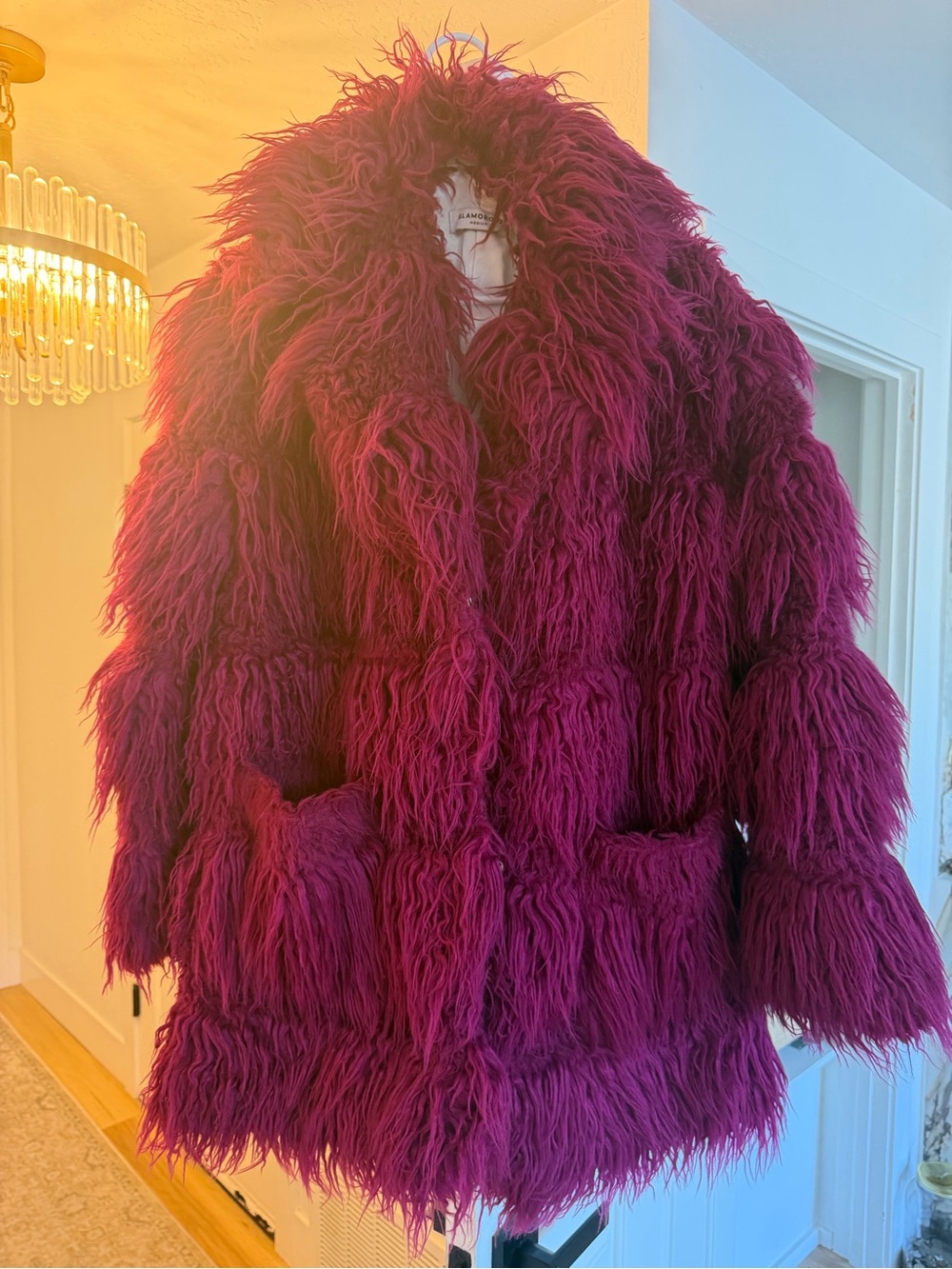 Faux Mongolian Fur Shag Coat in Deep Magenta - Women’s Statement Jacket